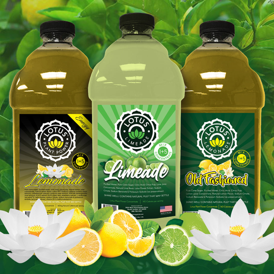 Lotus Lemonade and Limeade 1/2 Gallon Concentrate Bottles.