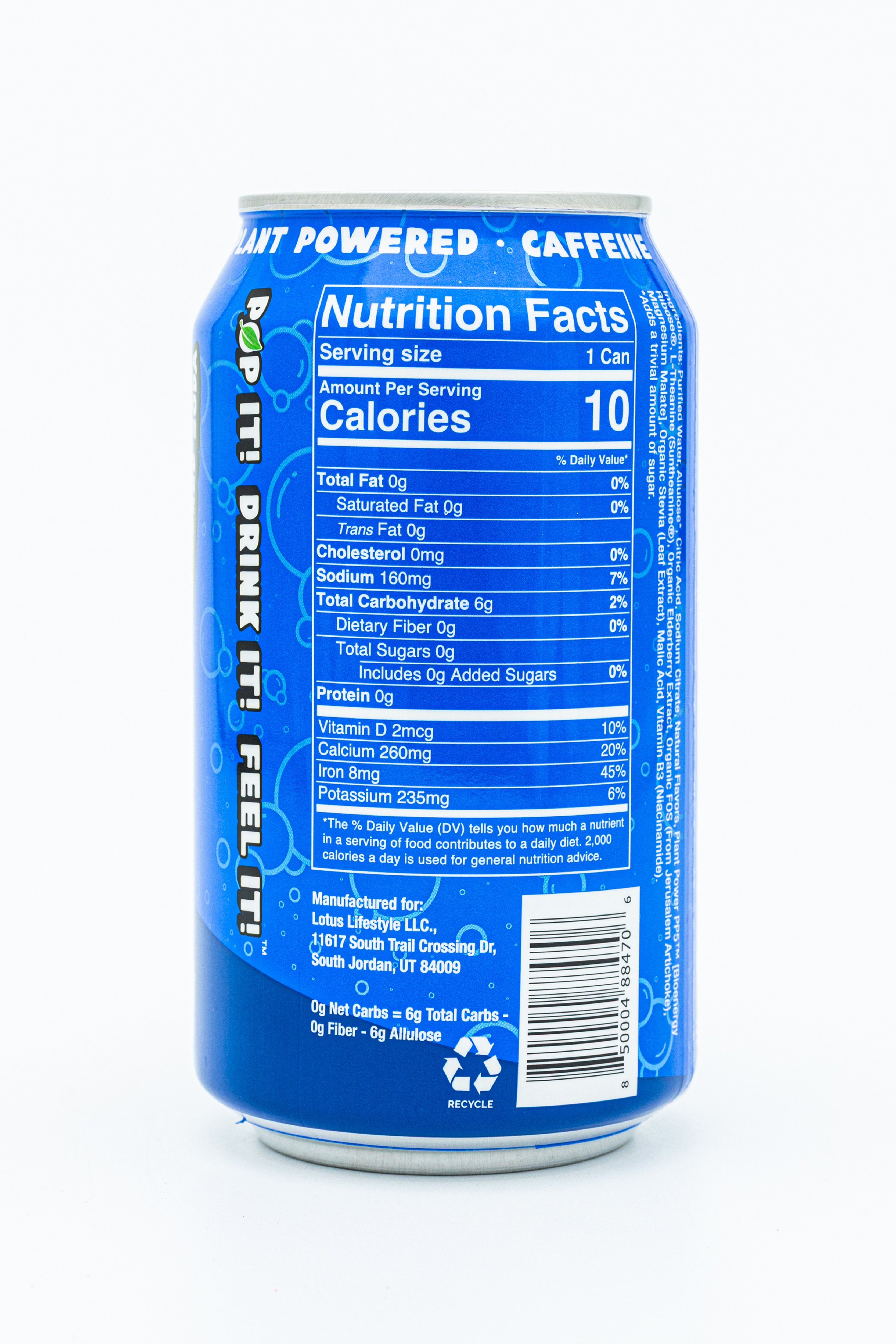 Huckleberry Plant Pop can of nutrition facts featuring 10 calories, zero sugar, and organic plant-based ingredients