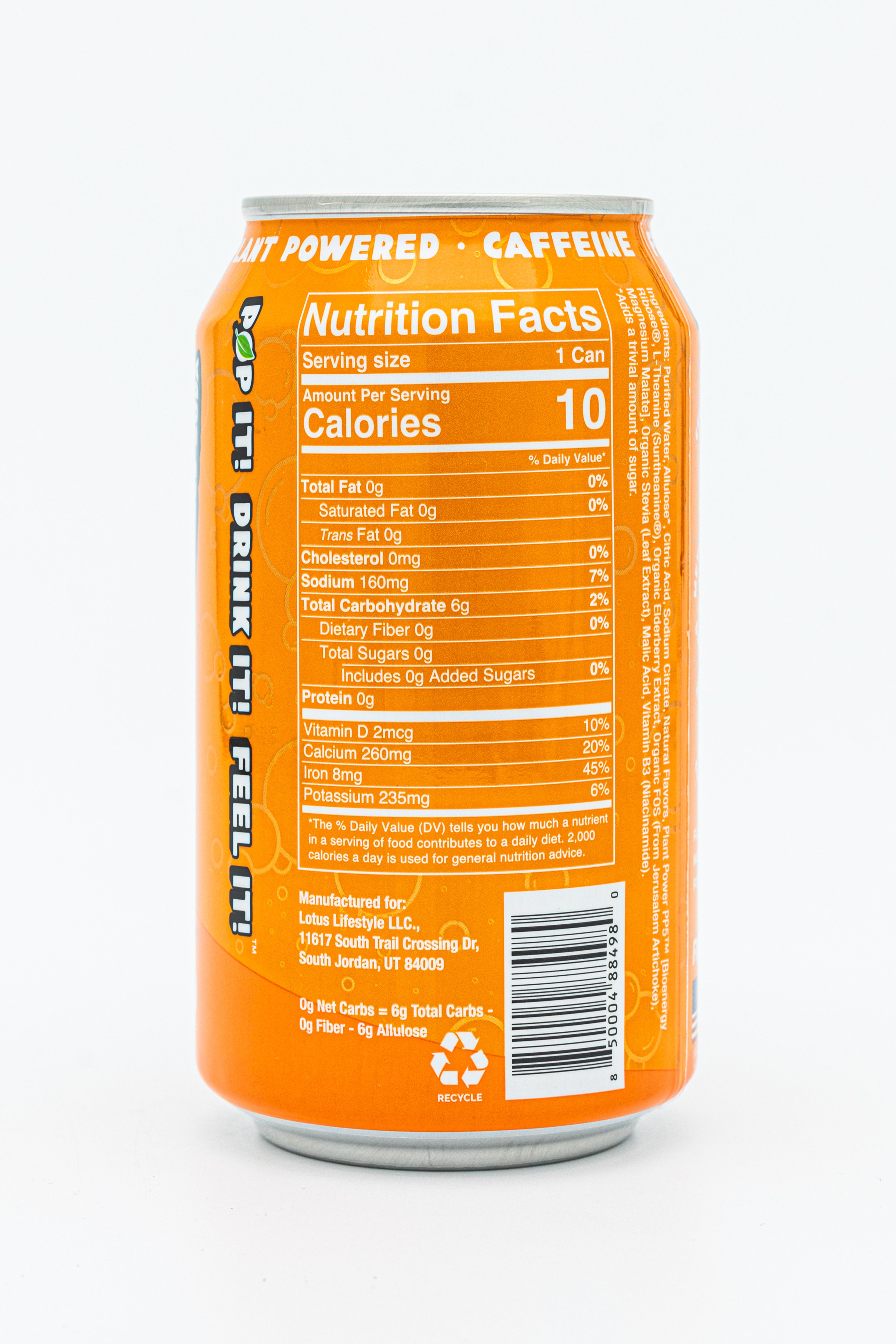 Orange Mango Plant Pop can of nutrition facts featuring 10 calories, zero sugar, and organic plant-based ingredients