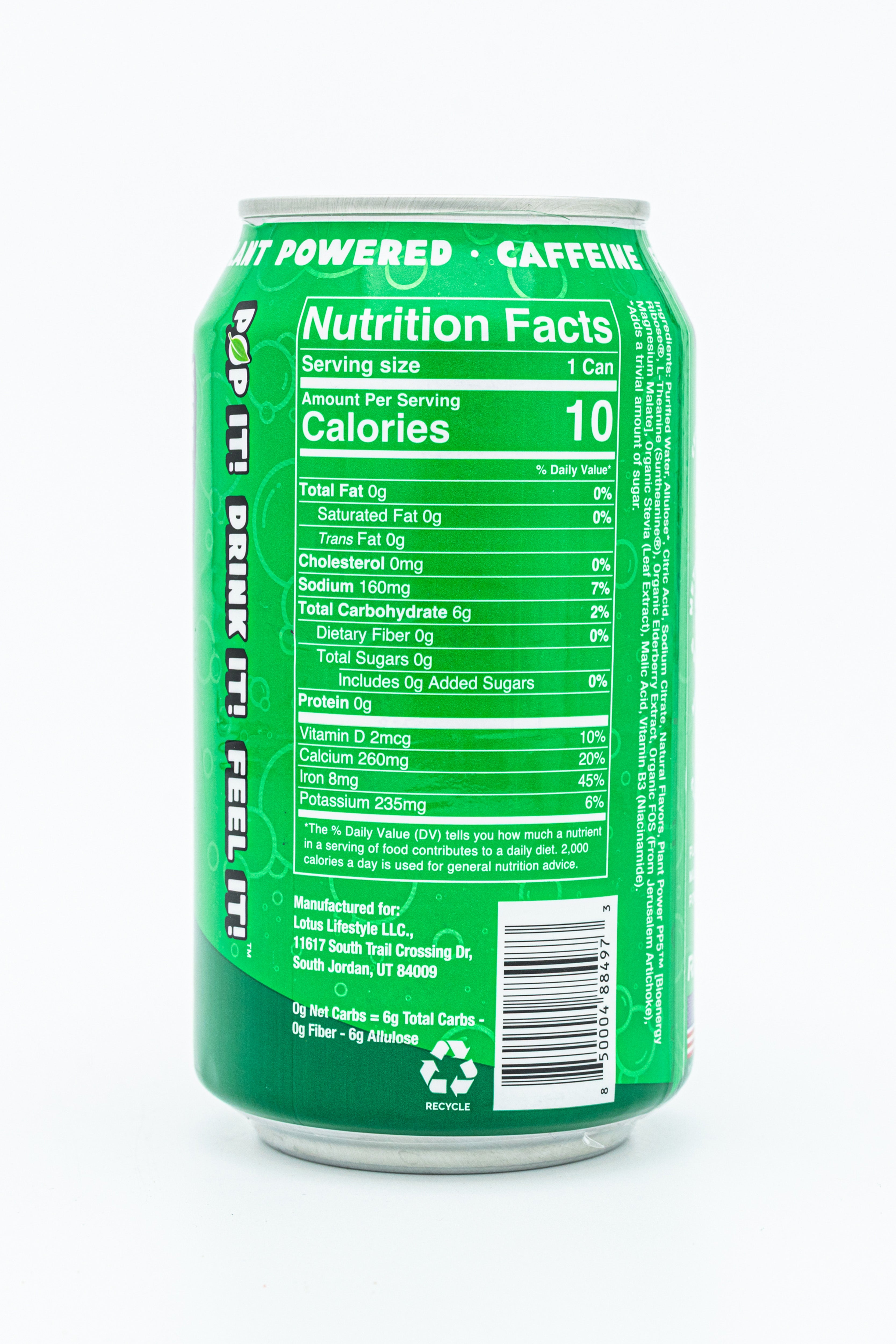 Watermelon Plant Pop can of nutrition facts featuring 10 calories, zero sugar, and organic plant-based ingredients